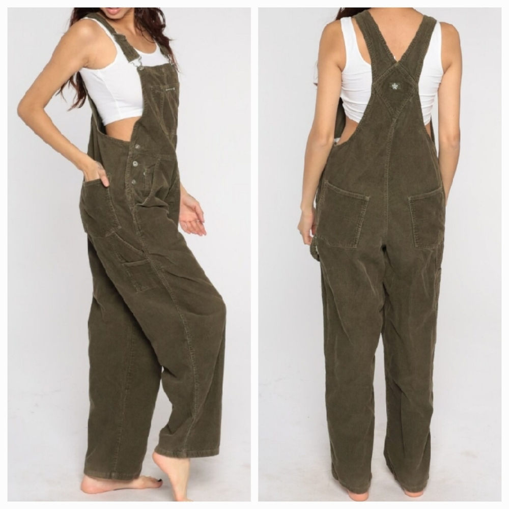 Old Navy Vintage Y2K Olive Brown Corduroy Bib Overalls Carpenter Dungarees XS